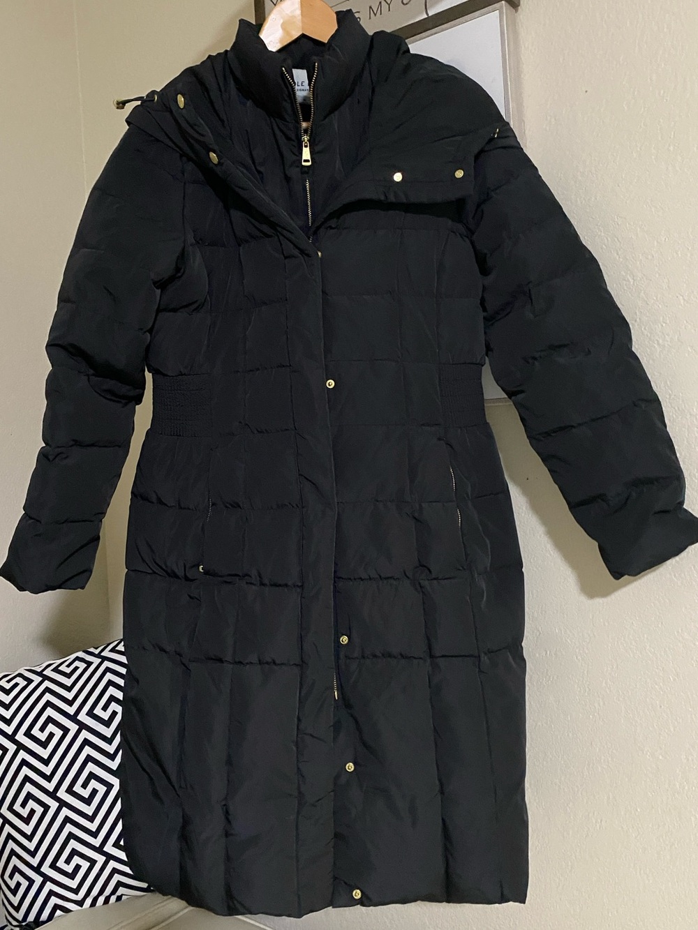Cole Haan Signature Black Long Hooded Puffer Coat Floral Lining Medium